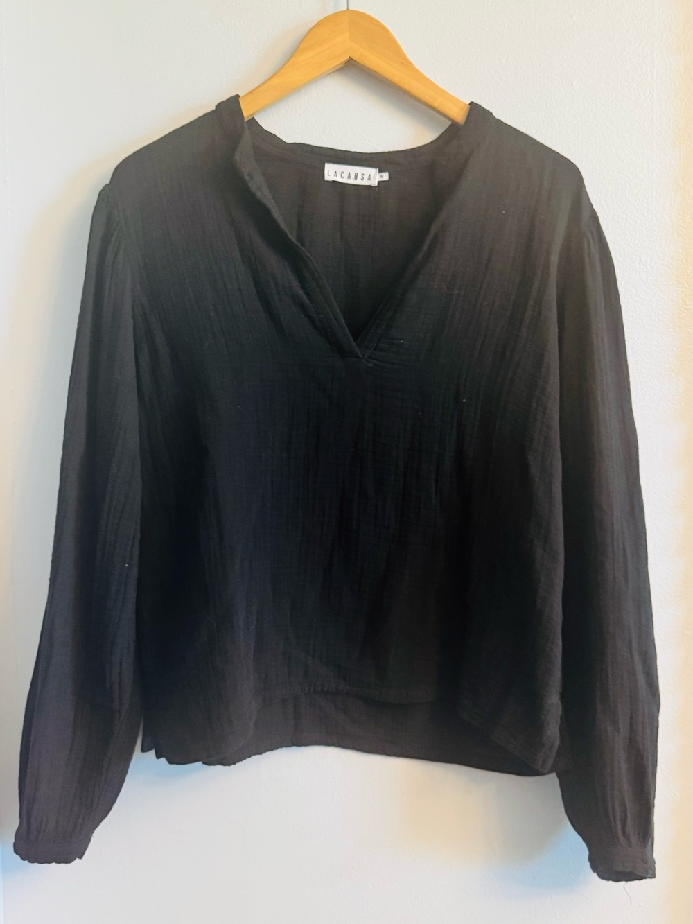 LACAUSA Black Cotton Gauze Long‎ Sleeve Peasant Blouse Size M EUC